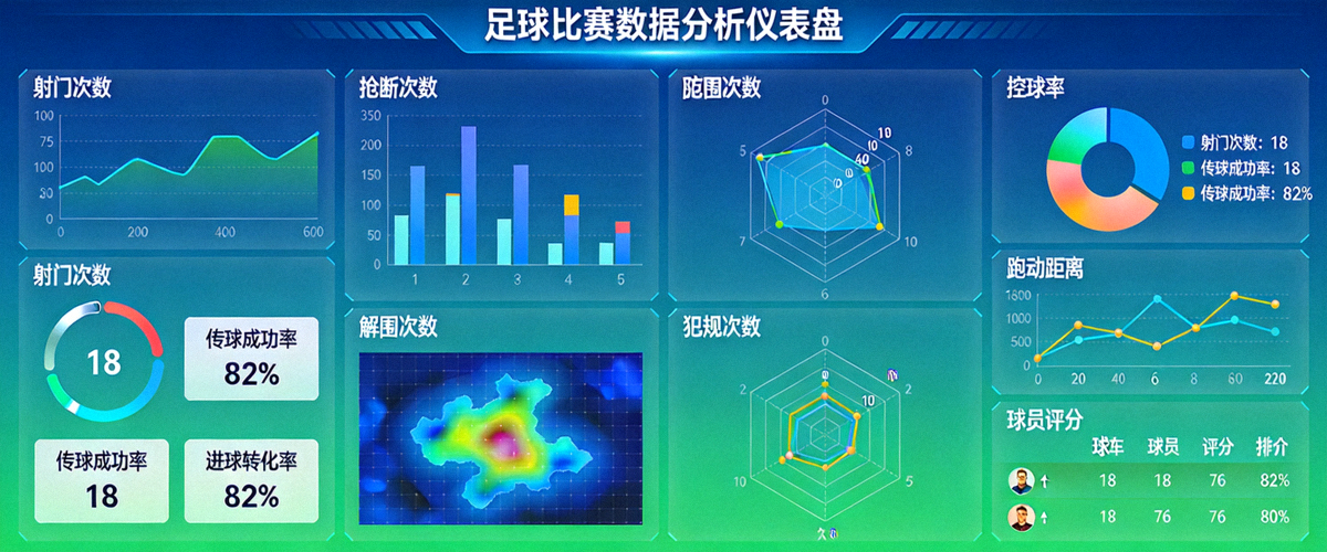 足球数据分析仪表盘可视化界面示意图，包含各种图表和数据指标